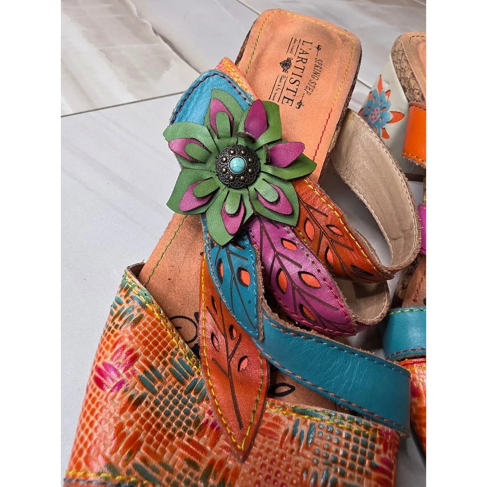 Spring‎ Step LArtiste Leather Floral Slide Sandals Block Heel Women size 40 F1